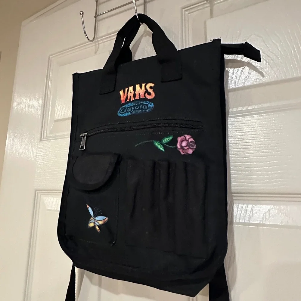 Vans x Crayola Mini Backpack Black Canvas Embroidered Butterfly Rose Bag
